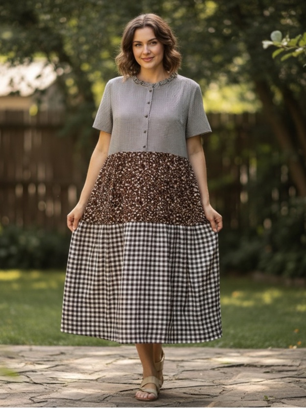 Tiered Gingham Check & Floral Ruffled Neck Button-Front Brown Dress NWT